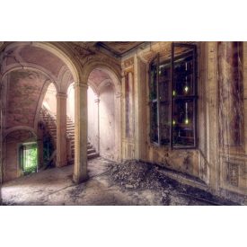   Vinyl háttér fotózáshoz.Romos folyosót, lépcsőt ábrázoló fotó háttér 150cm(m) x 210cm(sz) Ac-877